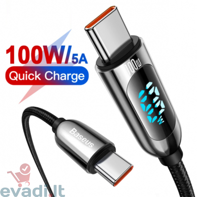 Baseus Display Fast Charging serija | C tipo USB-C 5A 100 W laidas su Power Delivery Quick Charge 4.0 | 1.0 m