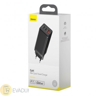 „Baseus GaN“ įkroviklis - USB + 2xType C - QC 3.0 PD 3.0 65W 5A 5