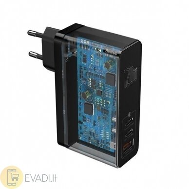 „Baseus GaN2 Pro“ įkroviklis - USB + 2x tipo C - QC 3.0 PD 3.0 120W 5A su C tipo - C tipo kabeliu (juodas) 4