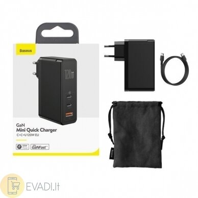 „Baseus GaN2 Pro“ įkroviklis - USB + 2x tipo C - QC 3.0 PD 3.0 120W 5A su C tipo - C tipo kabeliu (juodas) 5